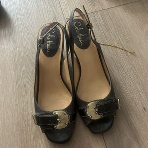 Cole Haan Black and Gold Peep-Toe Heels